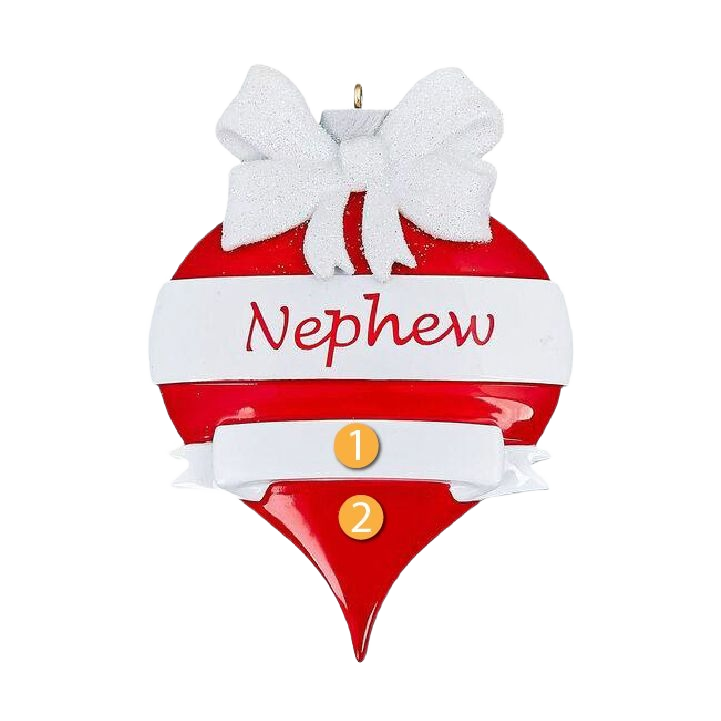 Red and white teardrop Christmas ornament with white bow and Nephew inscription, festive tree decoration under 50 dollars