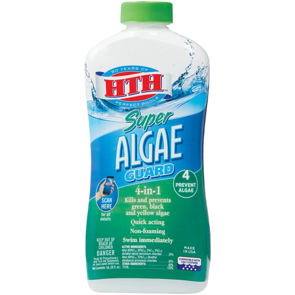 Bottle of algae control solution with green cap and blue label for pool maintenance and home improvement use