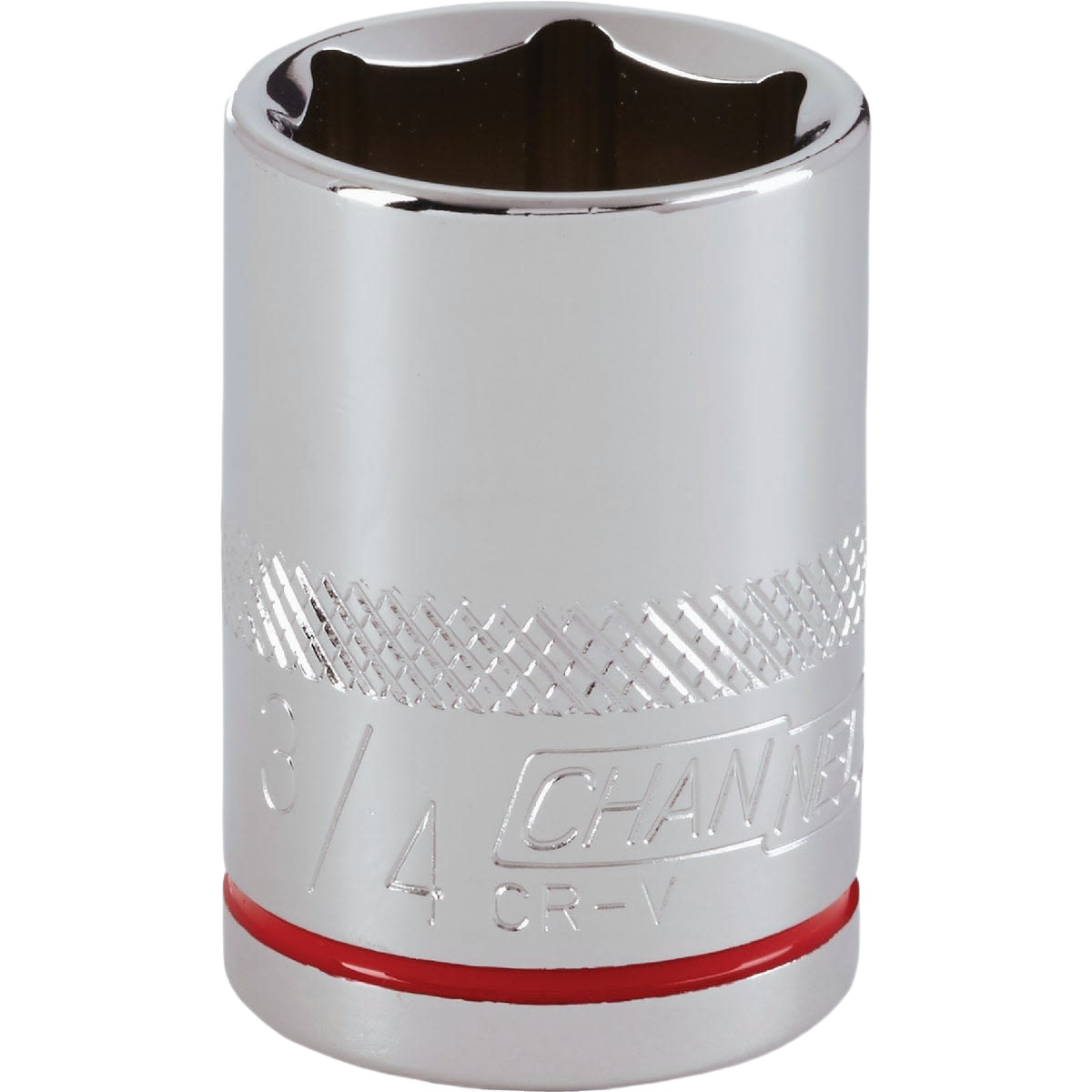 Chrome-finished shallow 6-point 3/4 inch socket with color-coded band for sockets and ratchets in hand tools collection