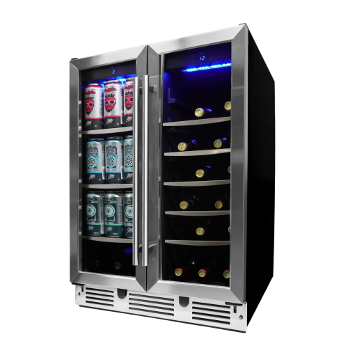 5.1 cu.ft. built-in non branded French door beverage center with stainless steel trim and blue interior lighting in kitchen appliances