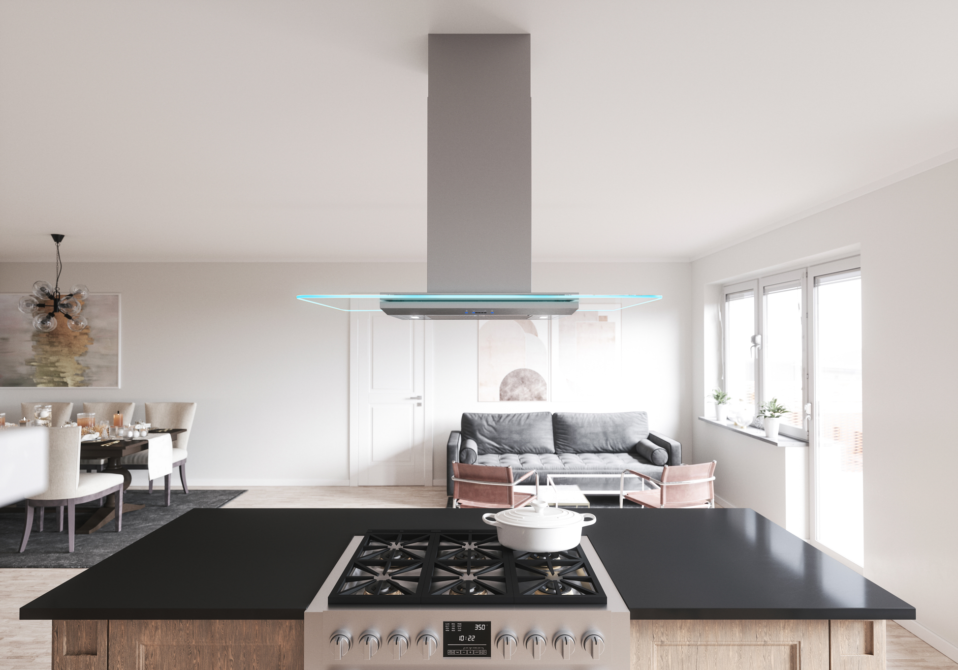 Kitchen island gas range with modern Verona Island Hood 36" LED ACT glass canopy in contemporary open space