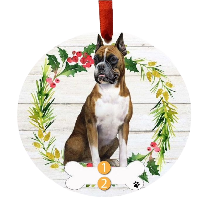 Round Christmas ornament with a Boxer dog in festive holly wreath and red ribbon for holiday tree decor under $50