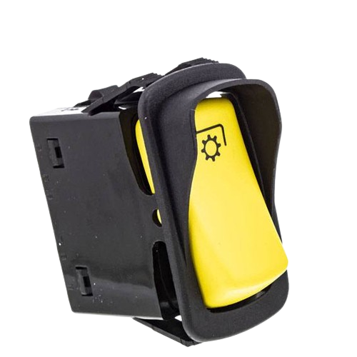 Yellow toggle switch with light icon and black frame for home improvement and tools applications