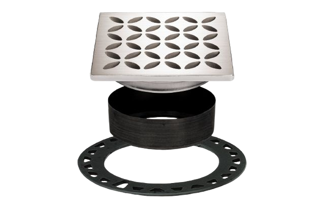 Brushed stainless steel 4-inch square shower drain with floral grate and adjustable height for tile flooring projects