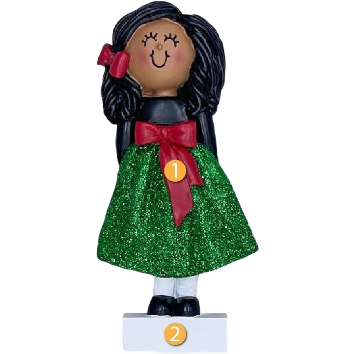 Small figurine of girl with dark hair wearing green glittery skirt and red bow, festive Christmas Ornaments collection
