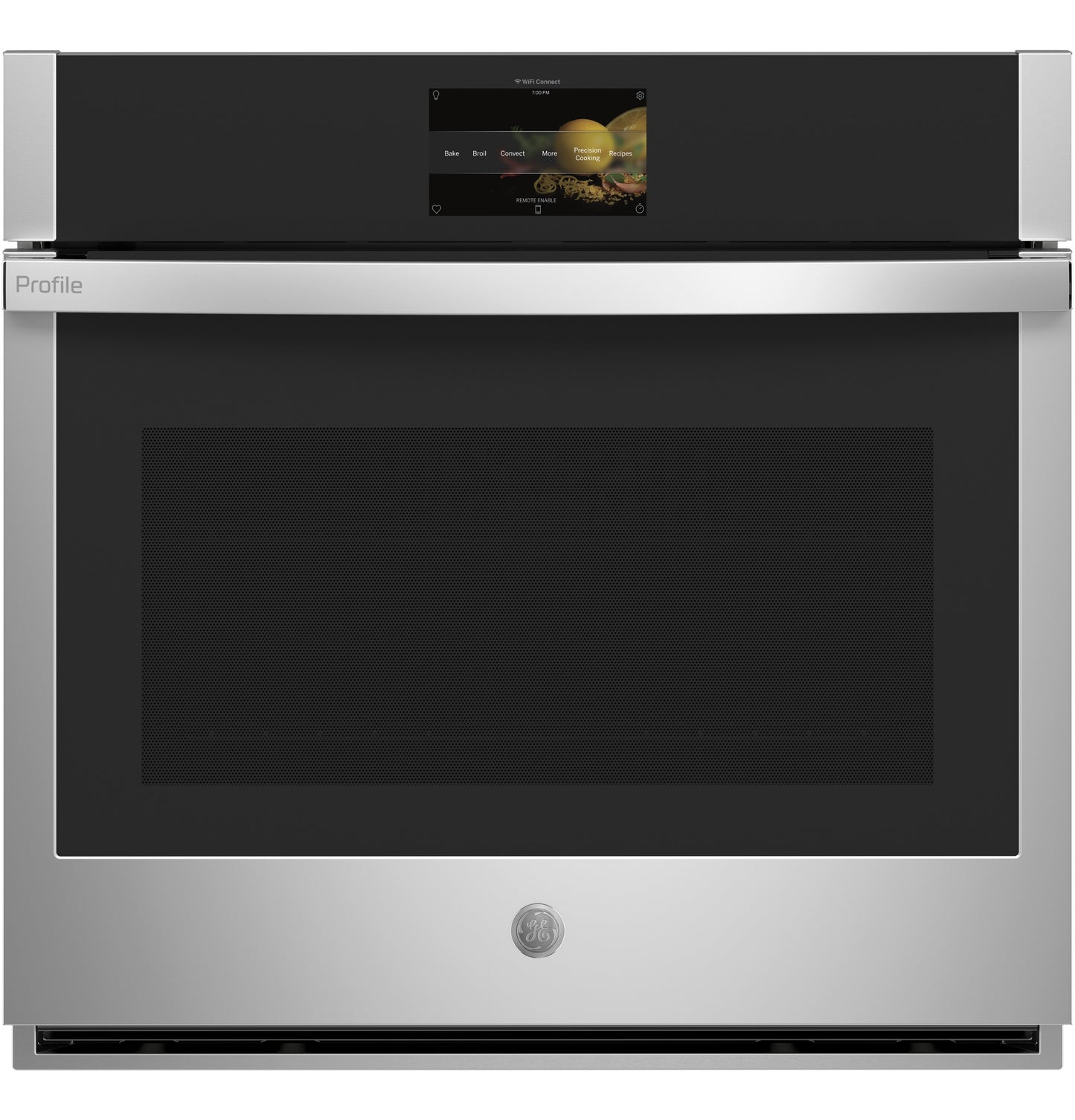 Stainless steel built-in convection wall oven with touchscreen control in kitchen appliances collection