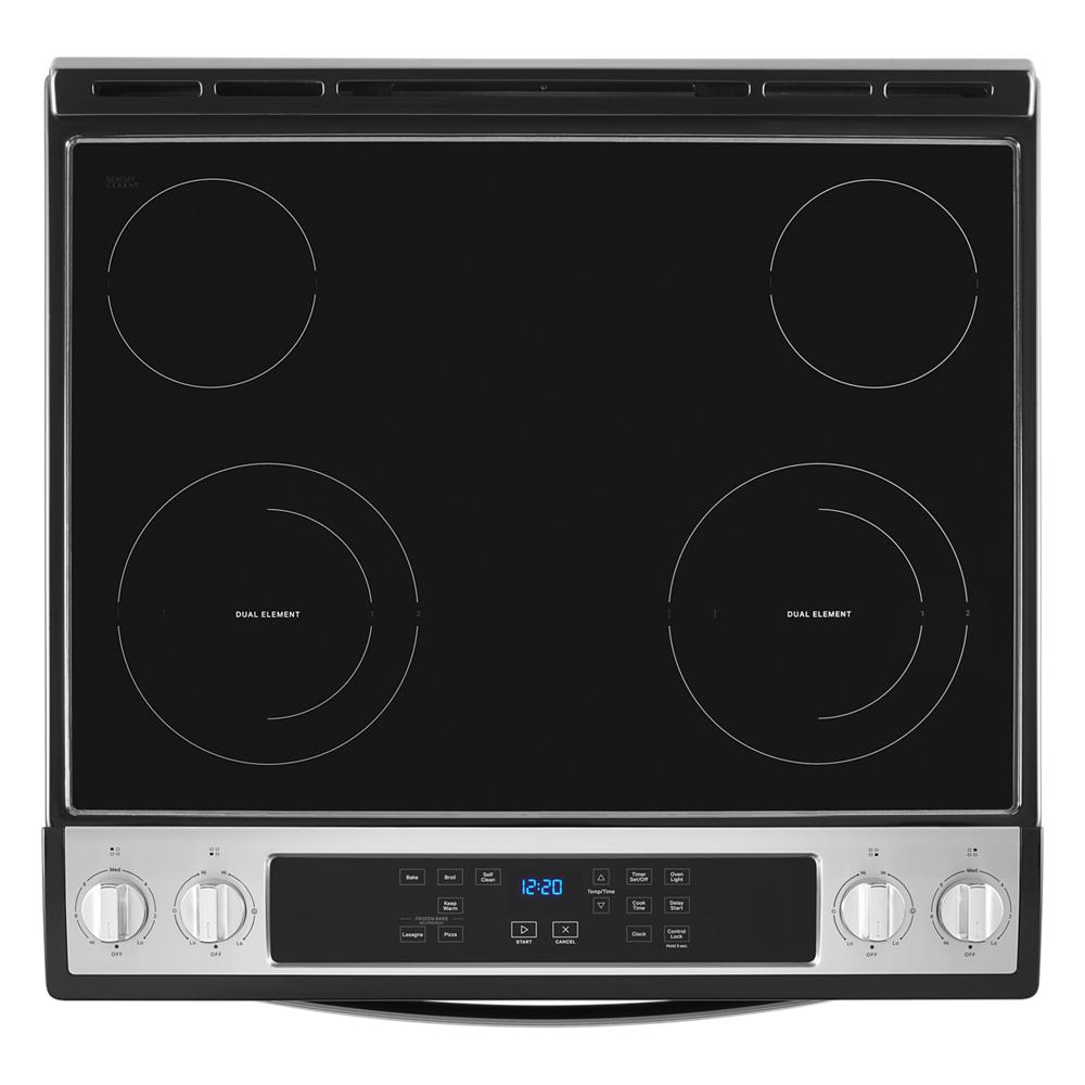 Top view of black glass electric cooktop with four burners and stainless steel control panel from Ranges collection