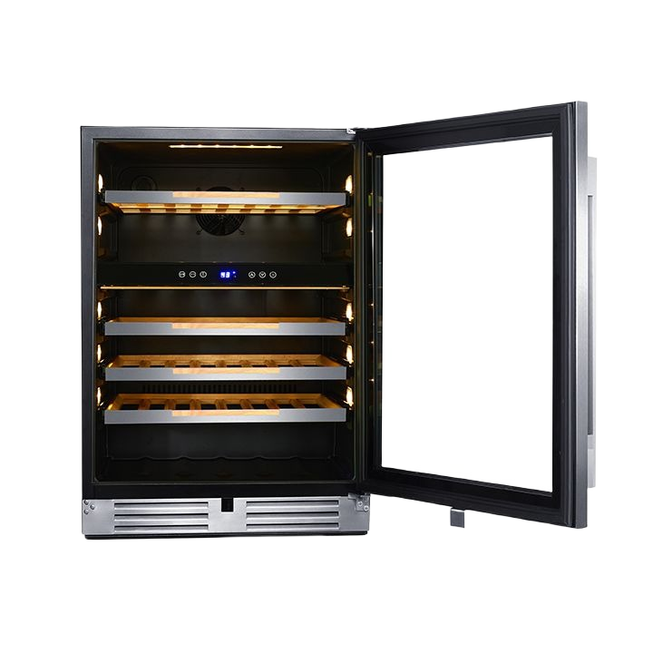 Under-counter black wine chiller with wooden shelves, digital controls, interior lighting, and glass door for kitchen use