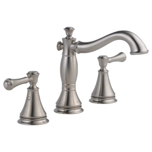 Two-handle widespread bathroom faucet in stainless steel with classic design, ideal for plumbing and home improvement.