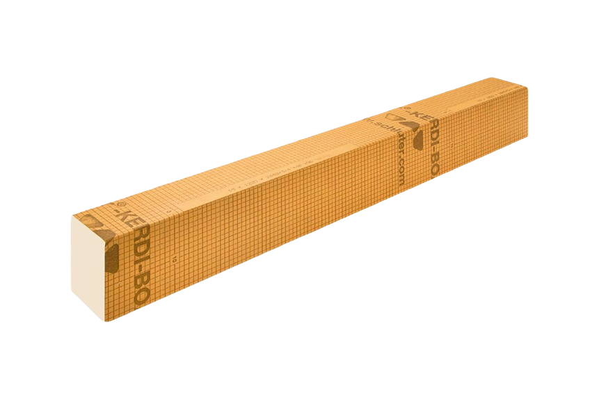 Prefabricated waterproof shower curb wrapped in orange grid-patterned material for home improvement projects