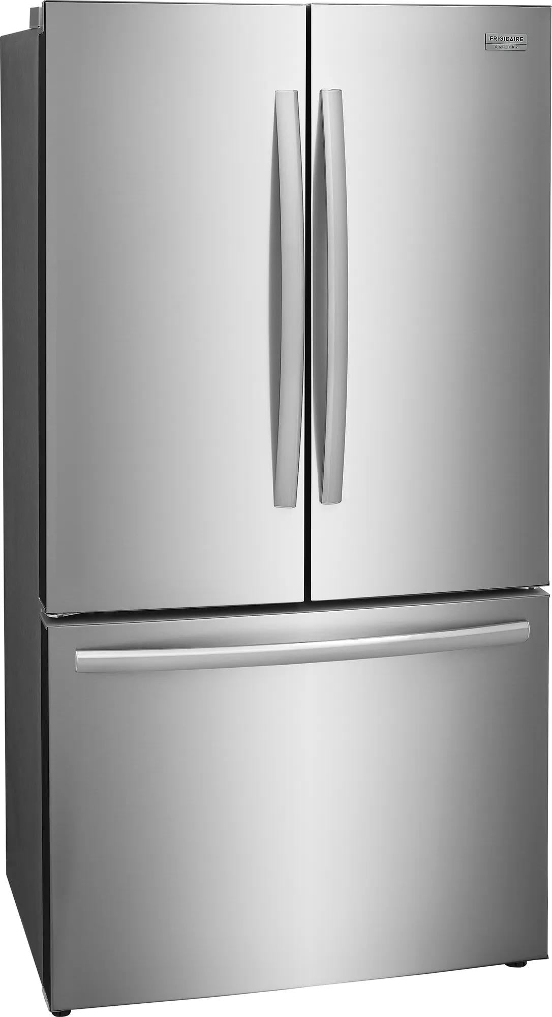 Stainless steel counter-depth French door refrigerator with bottom freezer in modern kitchen appliances collection