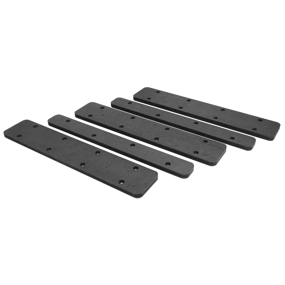 Set of five dark gray CNC spoil board strips with pre-drilled holes for tools and home improvement projects