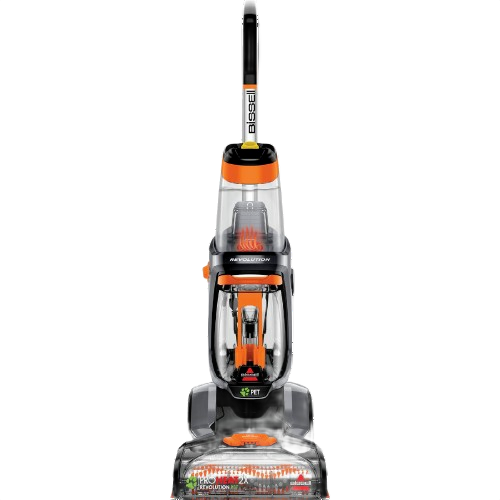 Orange and black upright pet carpet cleaner with transparent water tank and brush for floor scrubbing and cleaning supplies
