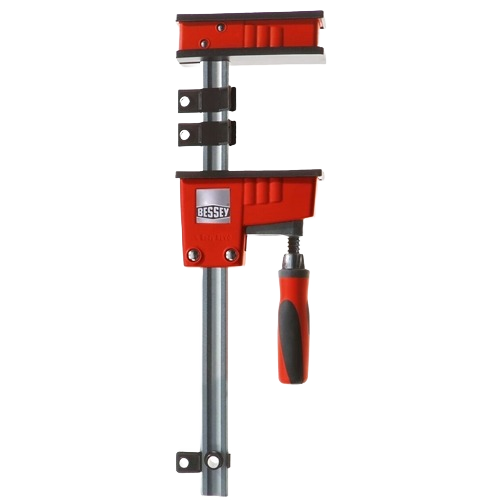 Heavy-duty red and steel bar clamp with ergonomic handle for secure holding in tools and home improvement tasks