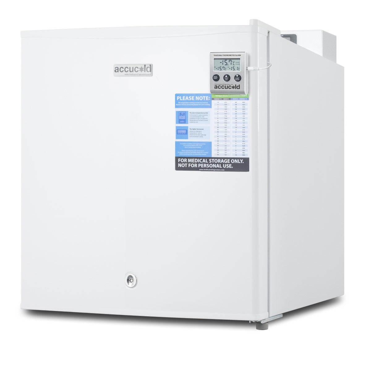 White compact upright freezer with digital control panel and medical storage warning label on front door