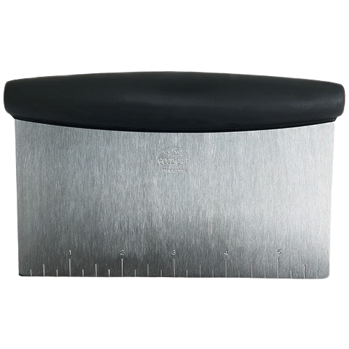 Stainless steel multi-purpose kitchen scraper with black ergonomic handle for dough dividing and surface scraping tasks