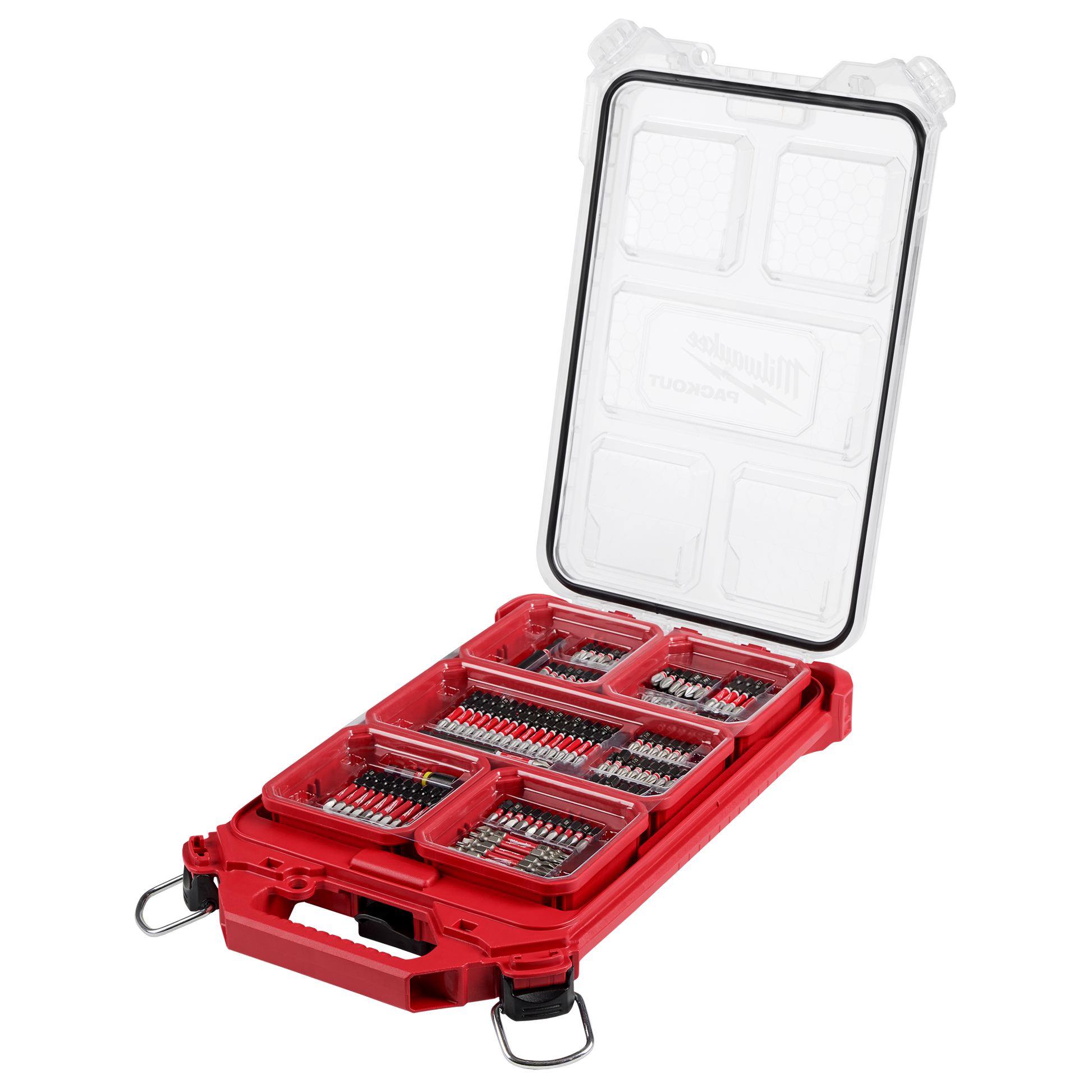 Red and clear storage case open to display organized driver bits for drill and tool accessories collections