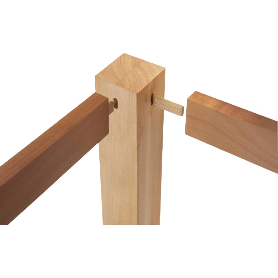 Solid beech wood floating tenon joint assembled between three natural wood pieces for woodworking projects under $50