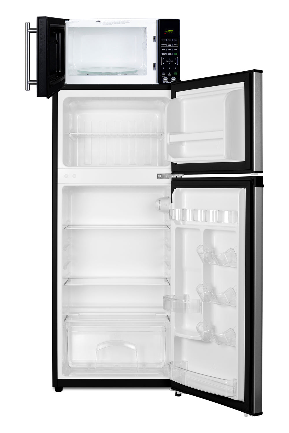 Compact combination unit featuring a white interior microwave and two-door refrigerator from kitchen appliances collection