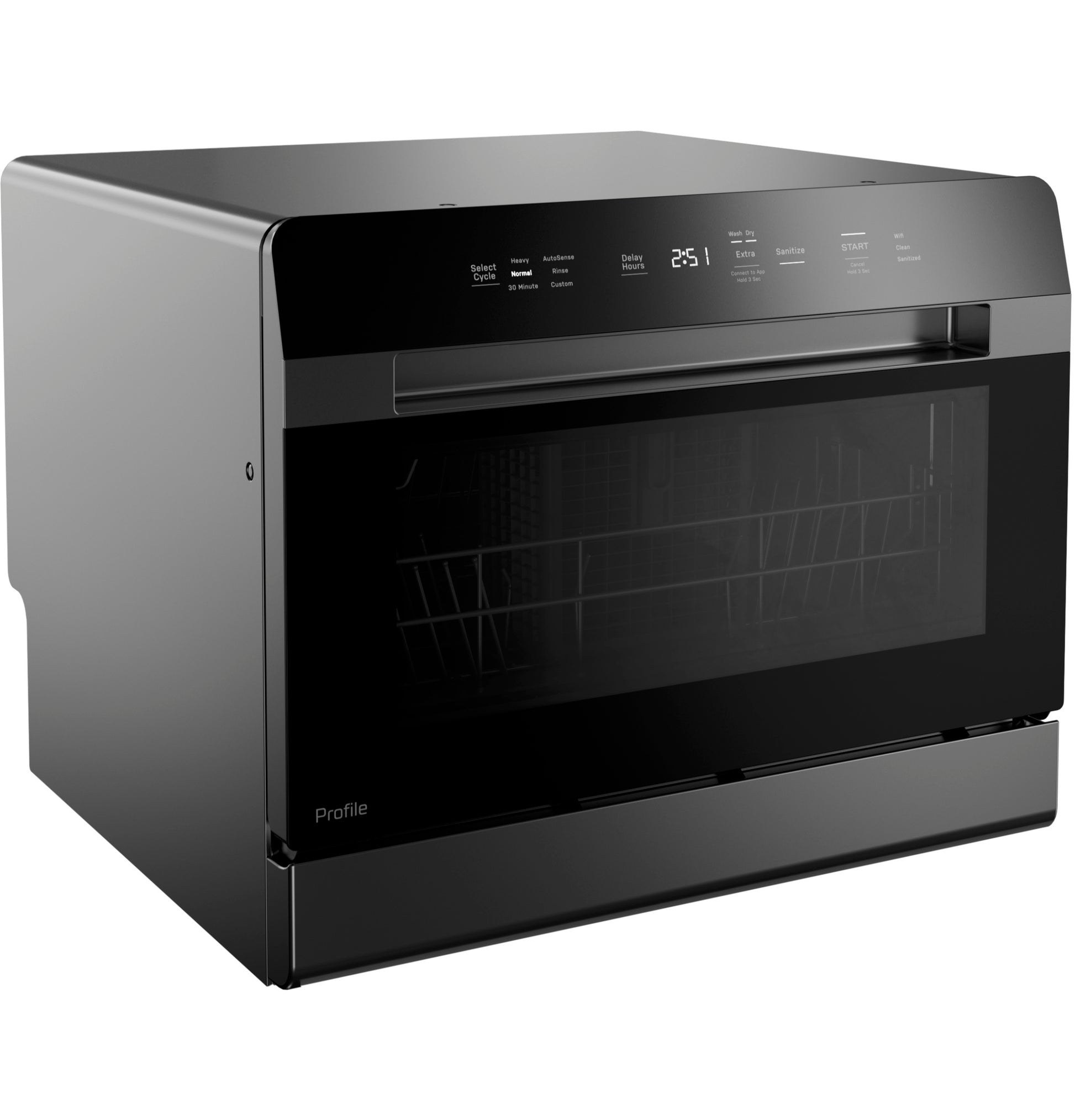 Black smart compact countertop dishwasher with digital display and glass door, suitable for built-in kitchen use
