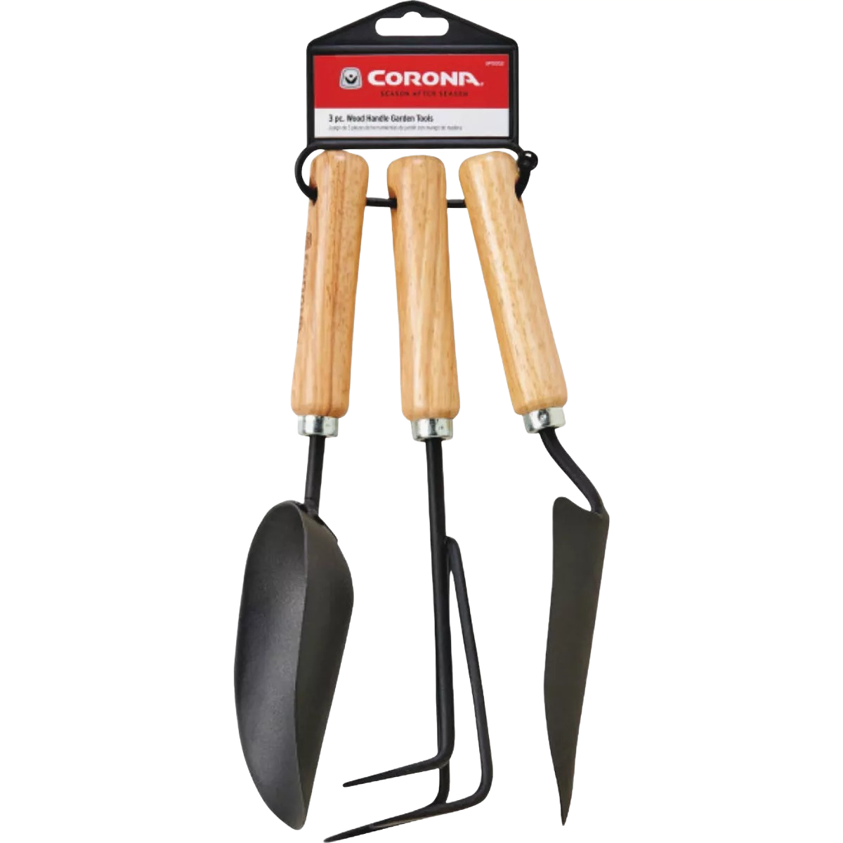 Three-piece garden hand tool set with wood handles including a transplanter, cultivator, and scoop for gardening tasks