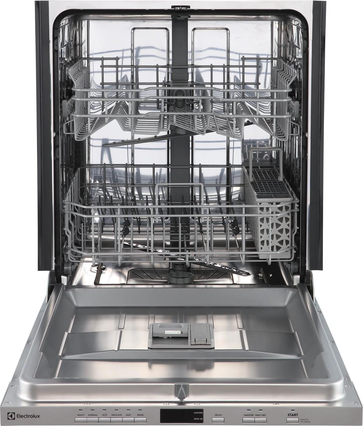 Open view of a stainless steel panel ready dishwasher interior showing adjustable racks and utensil basket, featured in Built-in Dishwashers at Hartville Hardware.