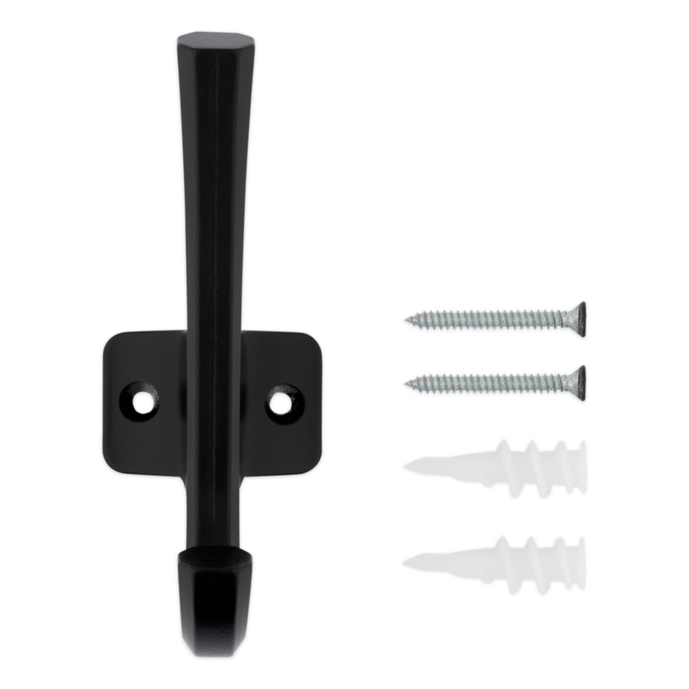 Matte black angled hook with mounting screws and anchors for durable storage in racks, garage, and dorm organization under $50