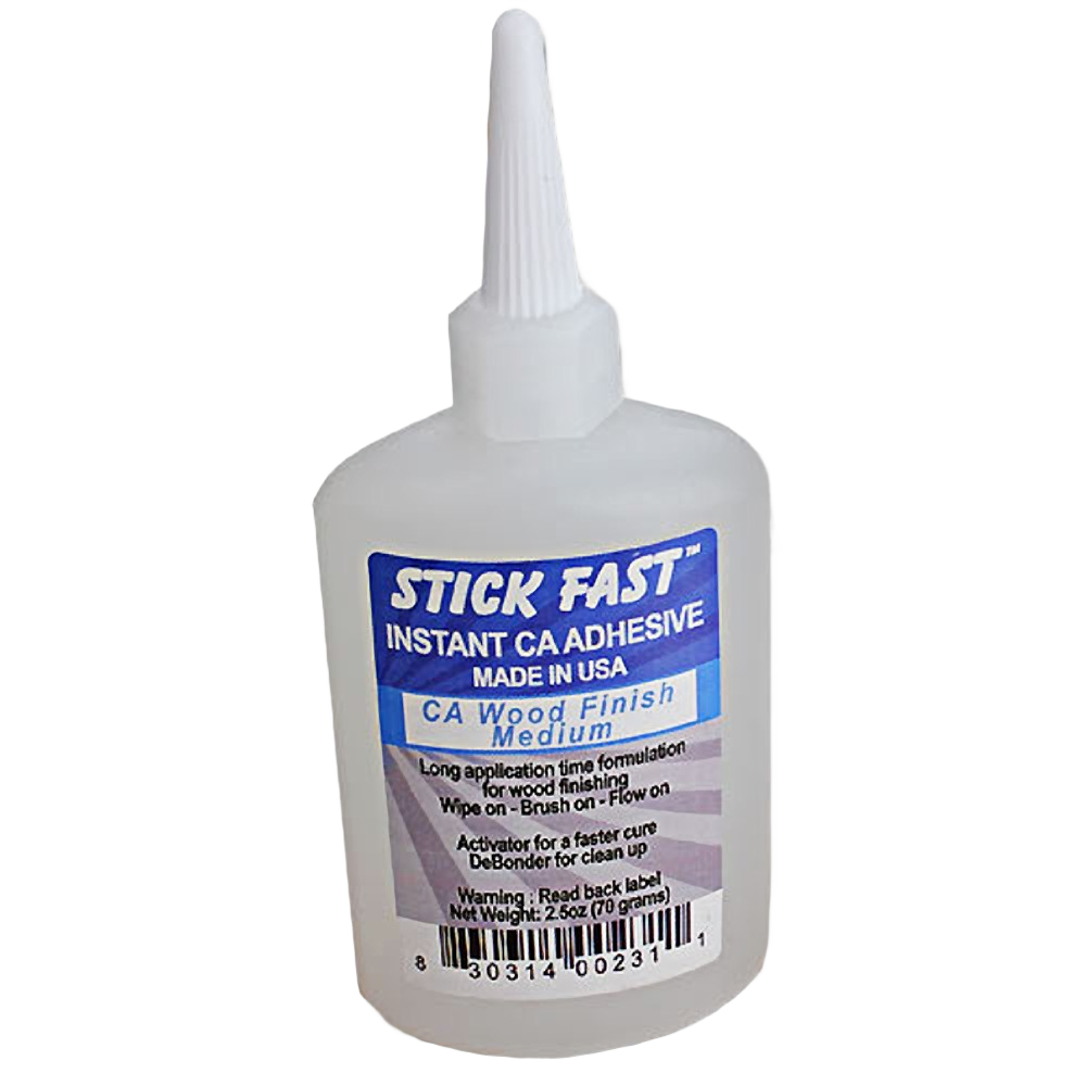 Plastic bottle of Stick Fast instant CA adhesive with blue and white label for woodworking and home improvement tools