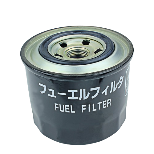 Black spin-on fuel filter with Japanese and English text, compatible with John Deere machinery parts and lubricants collections