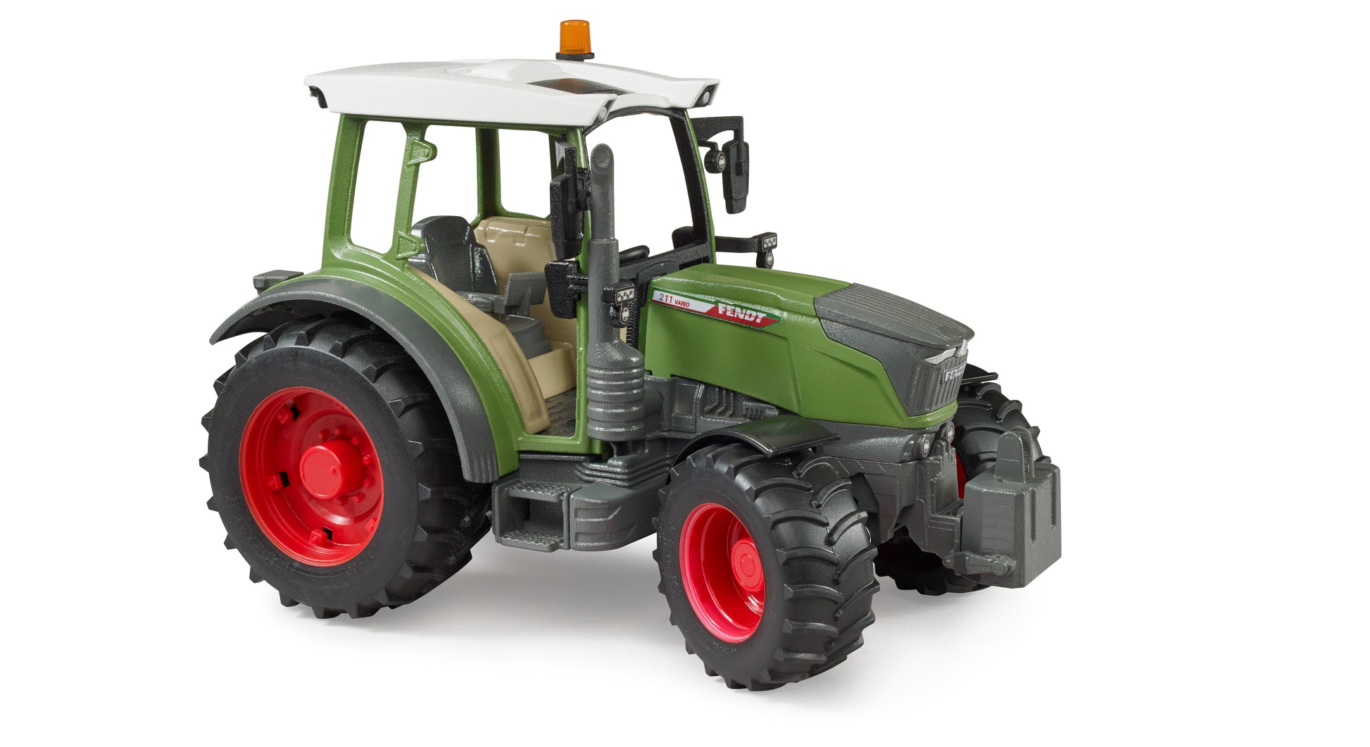 Green and red Bruder Fendt Vario 211 tractor model with detailed tires and cabin for tools and home improvement use