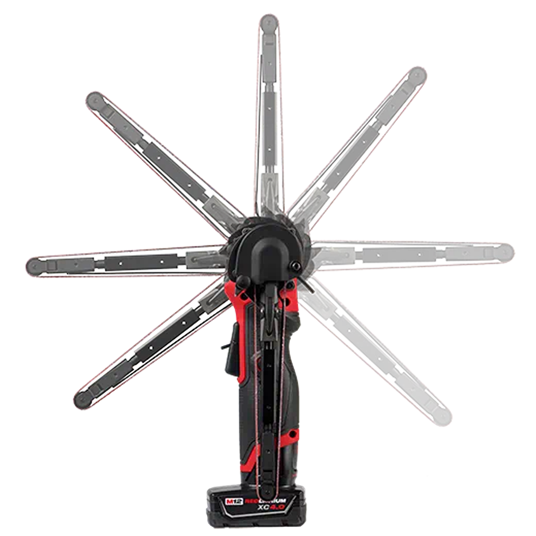Adjustable cordless bandfile tool in black and red with multiple angled positions for versatile home improvement use