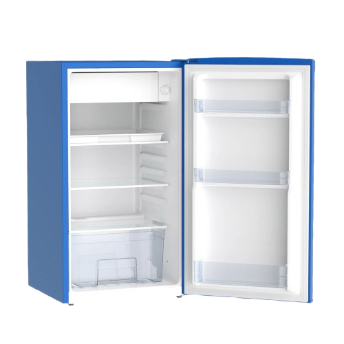 Blue compact retro-style refrigerator with open door showing adjustable shelves and clear storage bins in mini refrigerators collection