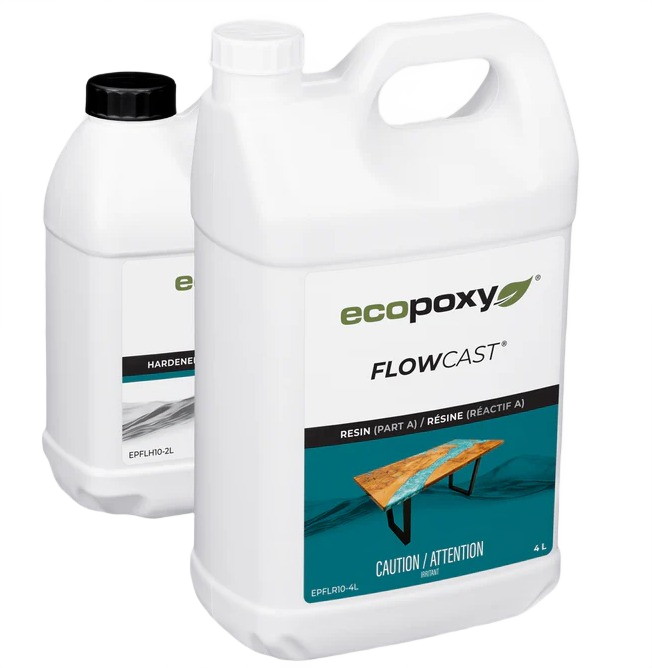 Two white plastic containers of Ecopoxy FlowCast resin and hardener for wood sealers and finishing projects under $50 collections
