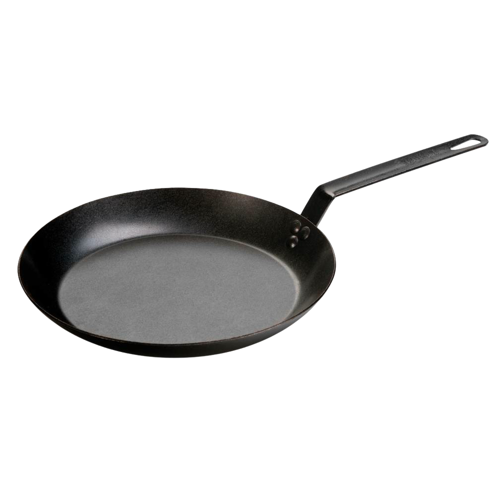 Black 12 gauge seasoned steel skillet with long handle for versatile cooking in Kitchenware and Lodge Cast Iron collections under $50