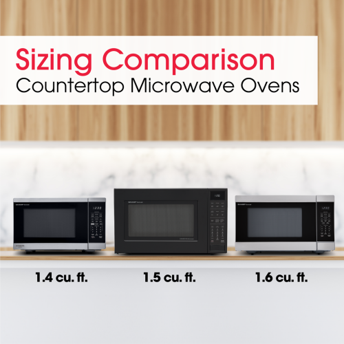 Comparison of three countertop microwaves in black and stainless steel finishes with capacities of 1.4, 1.5, and 1.6 cubic feet