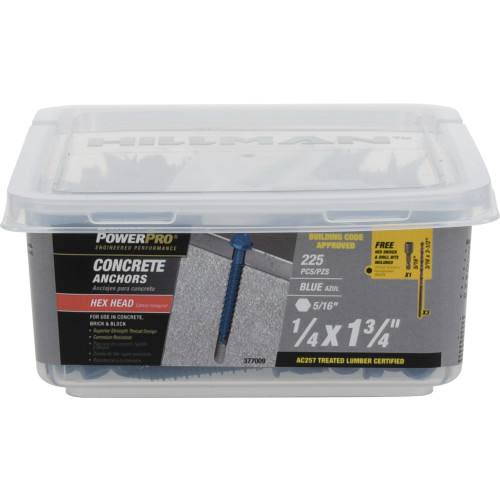 Plastic container of blue hex washer-head concrete screw anchors for securing materials to concrete in hardware and home improvement projects