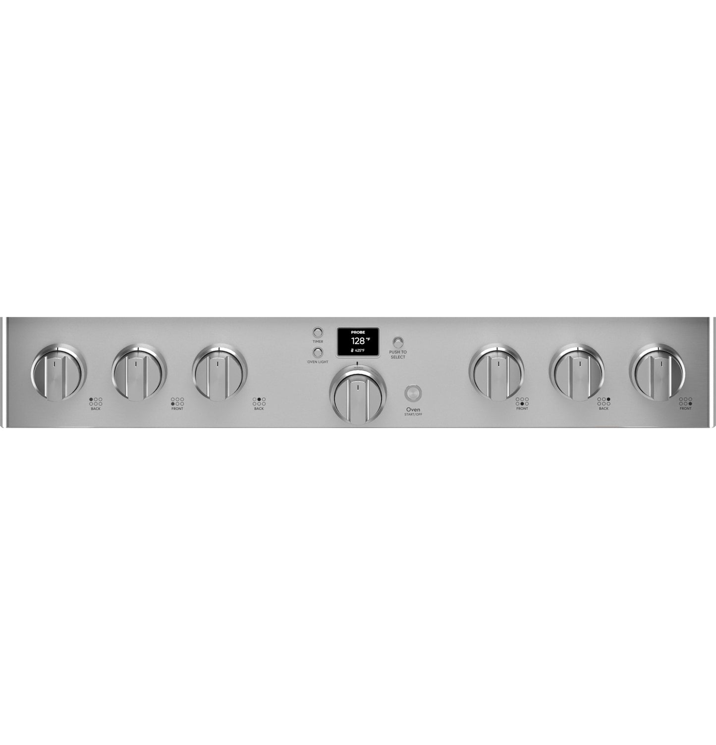 Stainless steel control panel with seven knobs and a digital display from kitchen ranges and appliances collection