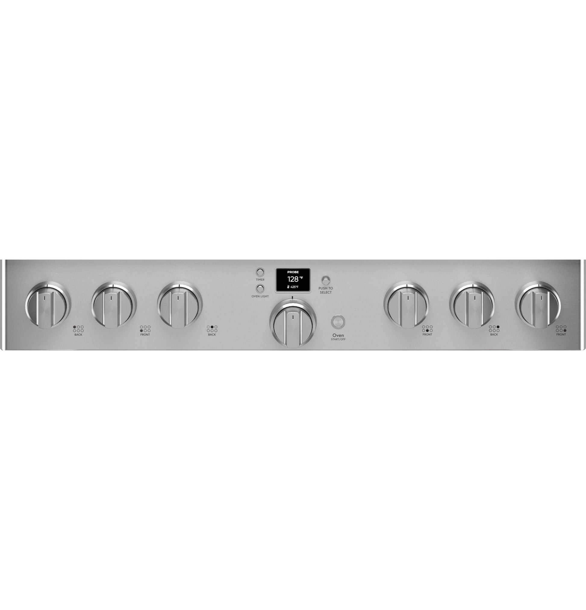 Stainless steel control panel with seven knobs and a digital display from kitchen ranges and appliances collection