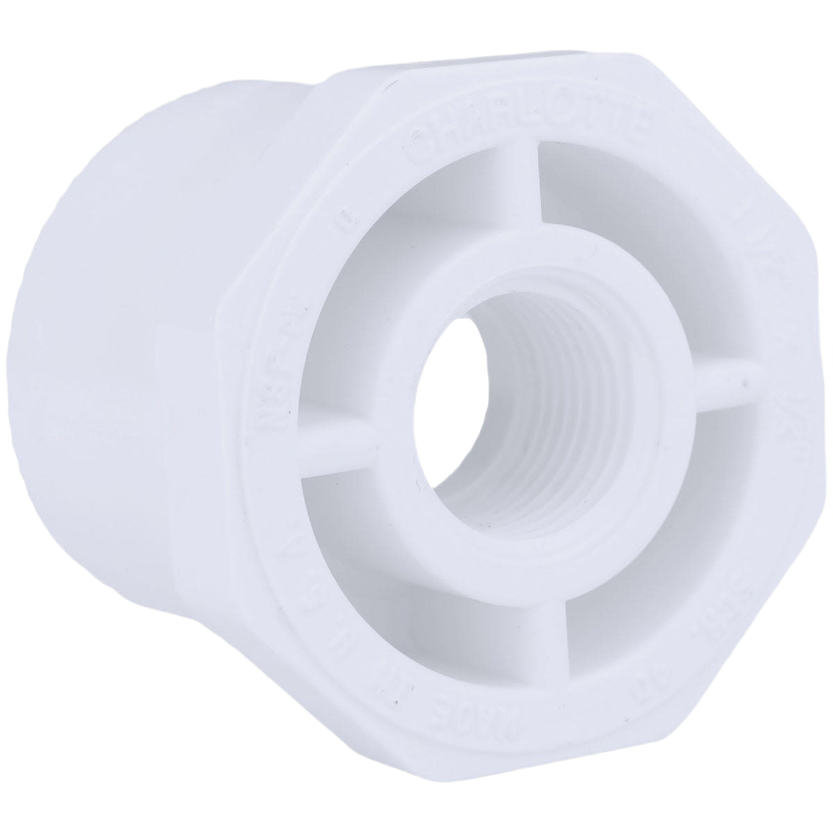 White PVC plumbing bushing with threaded female end for pipes and fittings in home improvement collections