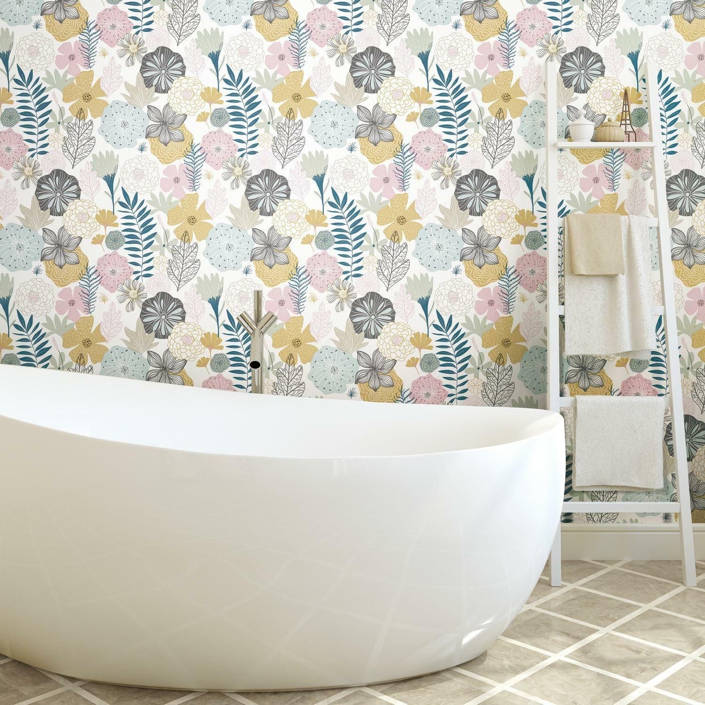 Bathroom scene with floral patterned peel and stick wallpaper in pastel tones behind a modern white bathtub