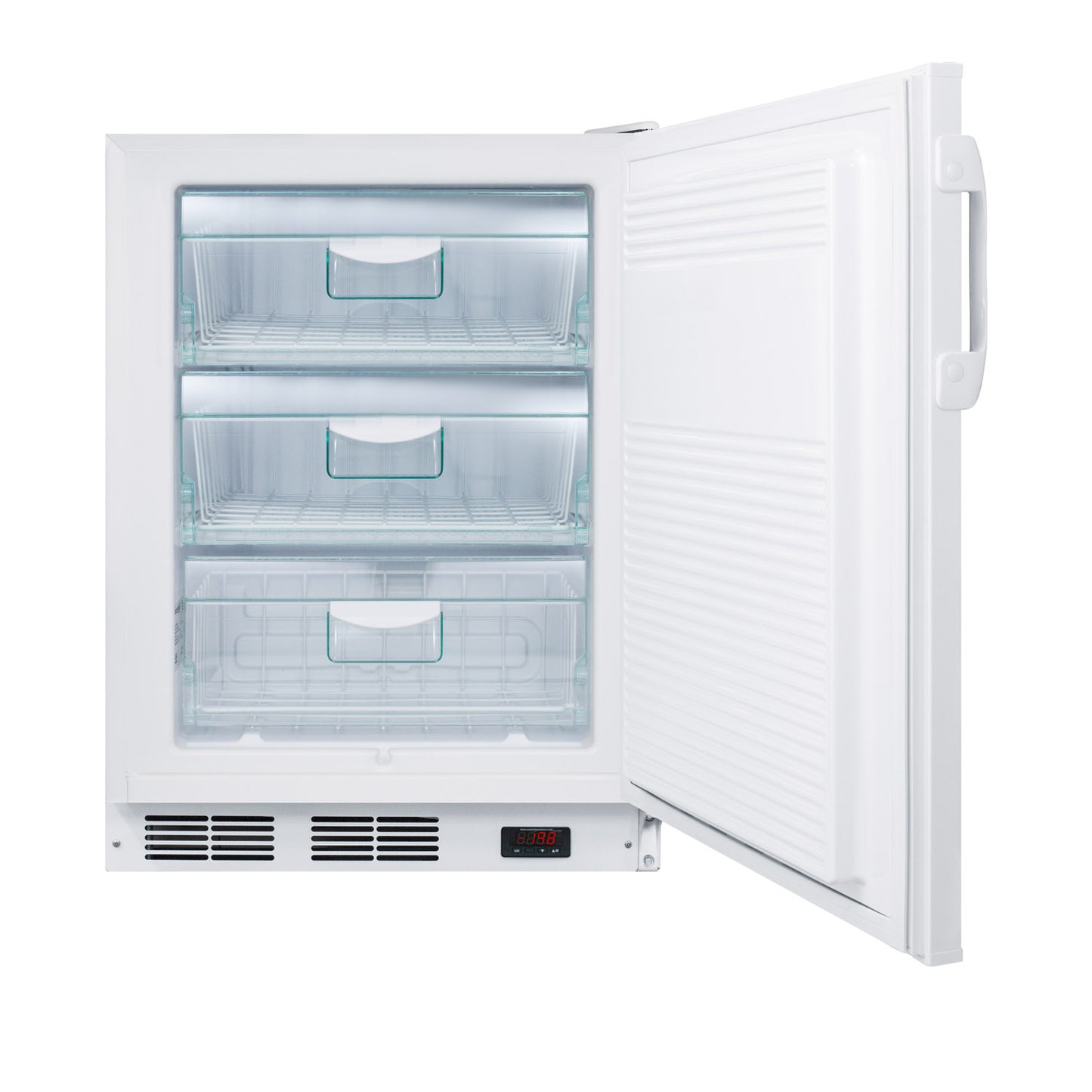 Open white built-in freezer with three clear storage drawers and a digital thermostat for kitchen appliances