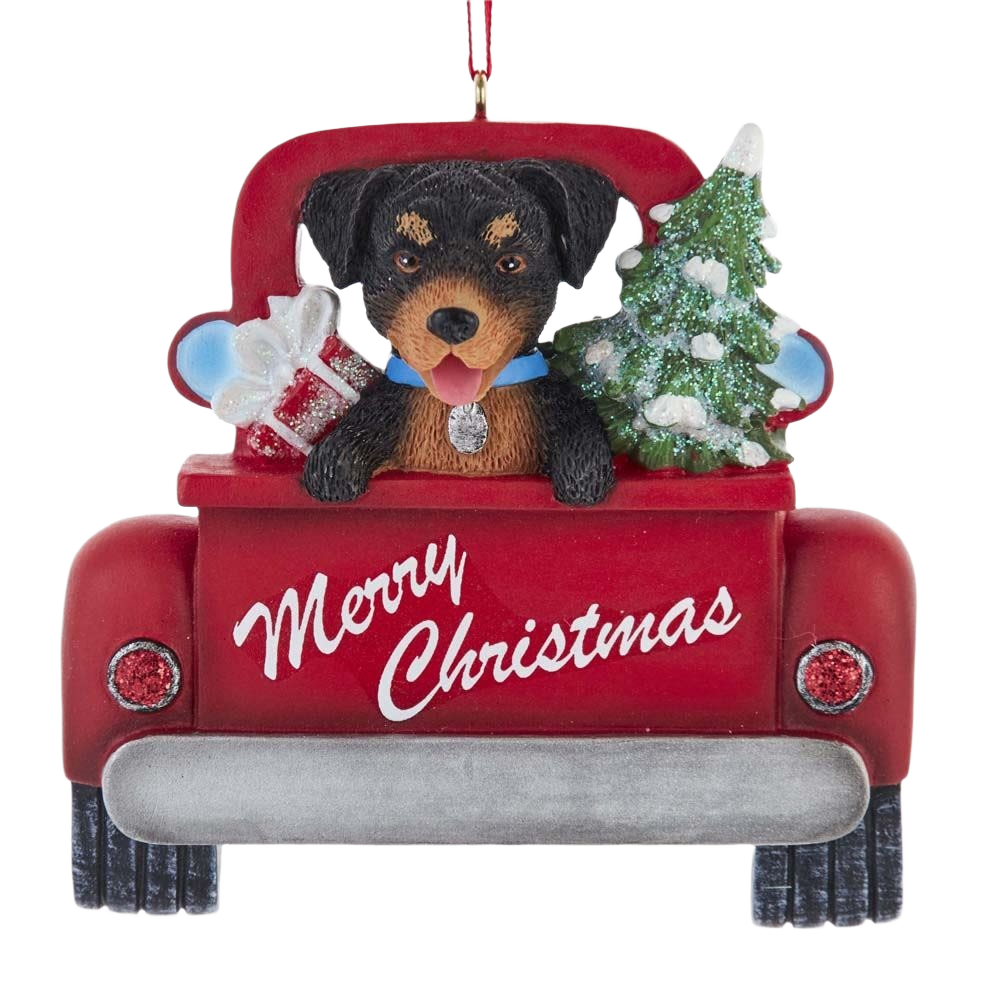 Red truck ornament with a Rottweiler, snowy Christmas tree, and gift for festive holiday decorations under $50