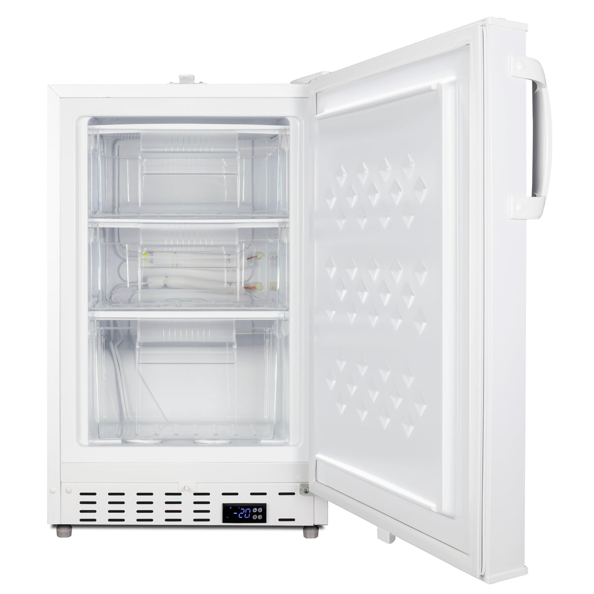 Open white built-in undercounter upright freezer with digital temperature display from Freezers & Ice Makers collection