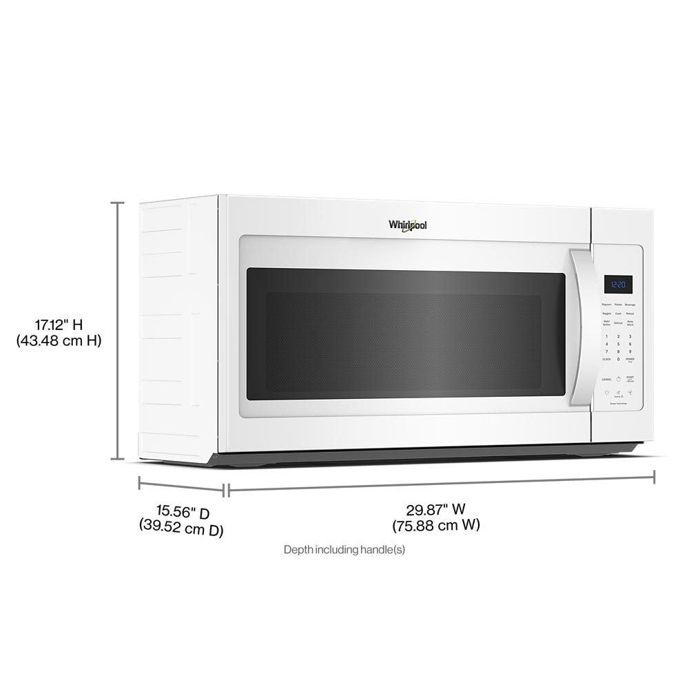 White over the range microwave with digital control panel and handle, shown with product dimensions in kitchen appliances collection