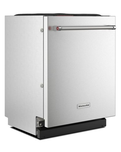 Freestanding stainless steel dishwasher with handle and KitchenAid logo on the front panel in appliance setting