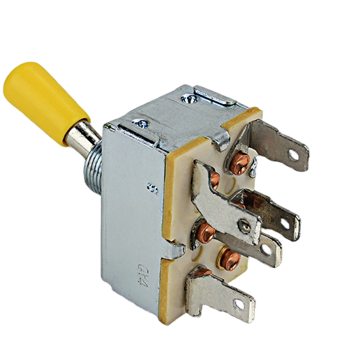 Metal PTO switch with yellow plastic toggle handle and multiple electrical connectors for John Deere parts and lubricants