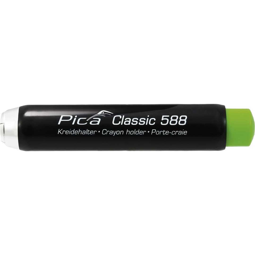Black cylindrical ergonomic crayon holder with green end cap for office supplies and woodworking hand tools collections.