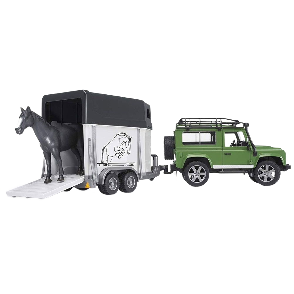 Green toy Land Rover pulling a gray horse trailer with a black horse figure and ramp extended