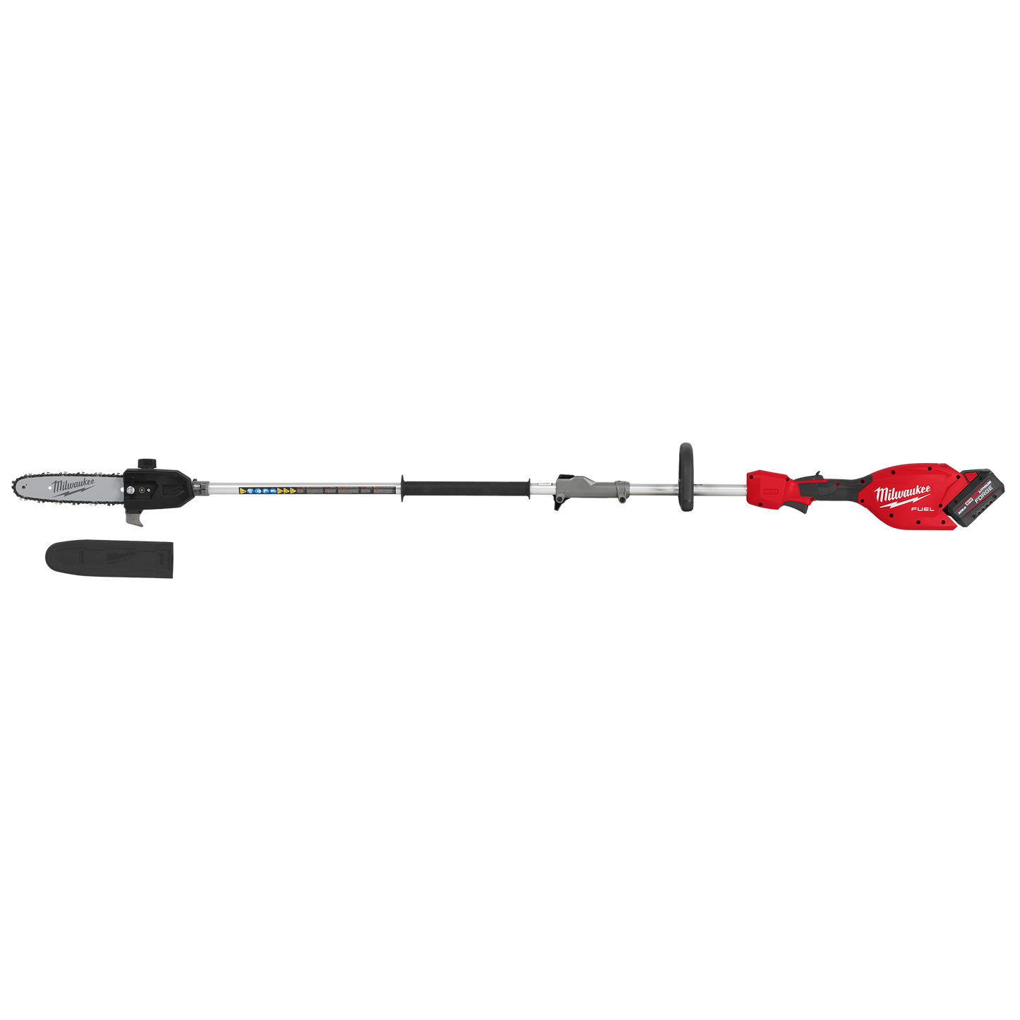 Red and black cordless pole saw with 10-inch bar, extendable shaft, and Quik-Lok attachment for home improvement tasks