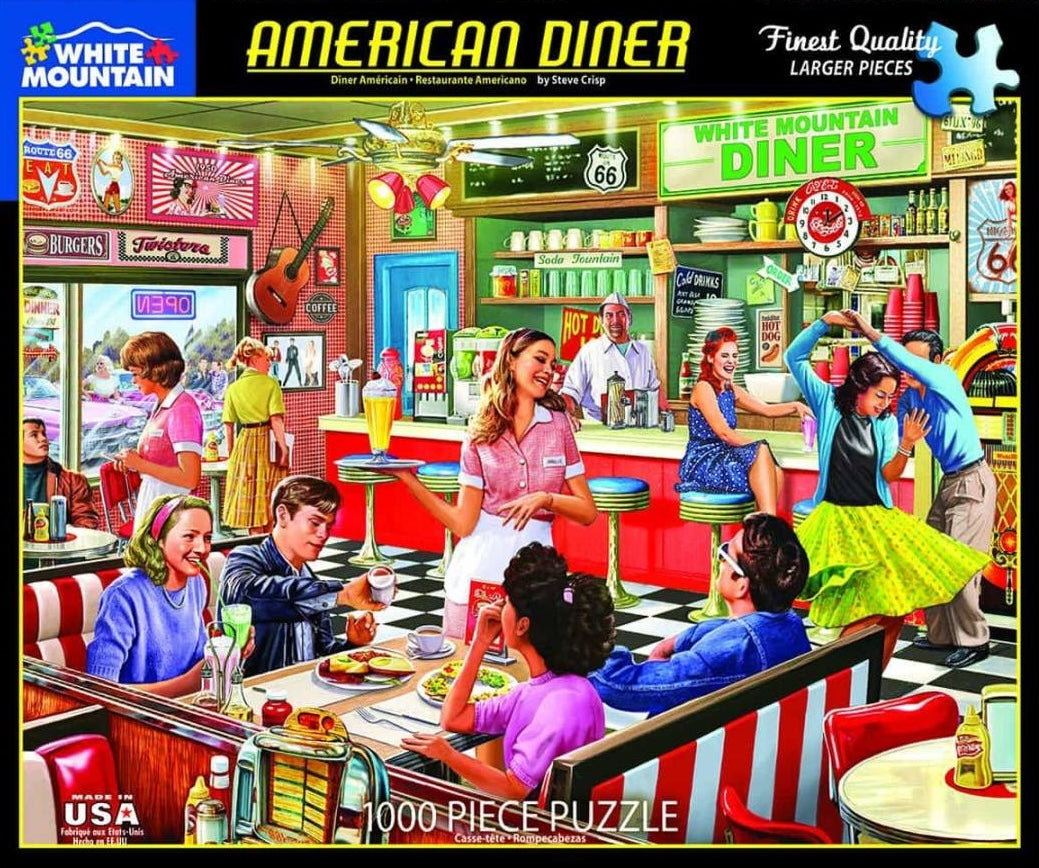 Colorful retro American diner scene puzzle box art with customers, waitress, jukebox, and classic decor in toys and games collection